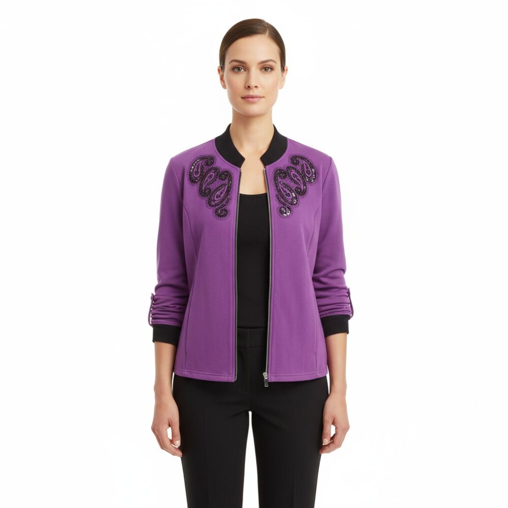 Bob Mackie Wearable Art Purple & Black Sequins Zip Knit Cardigan Sweater M NEW
